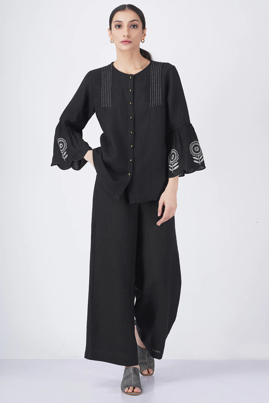 Sunflower Embroidered Pin Tuck Top With High Waist Flare Pant