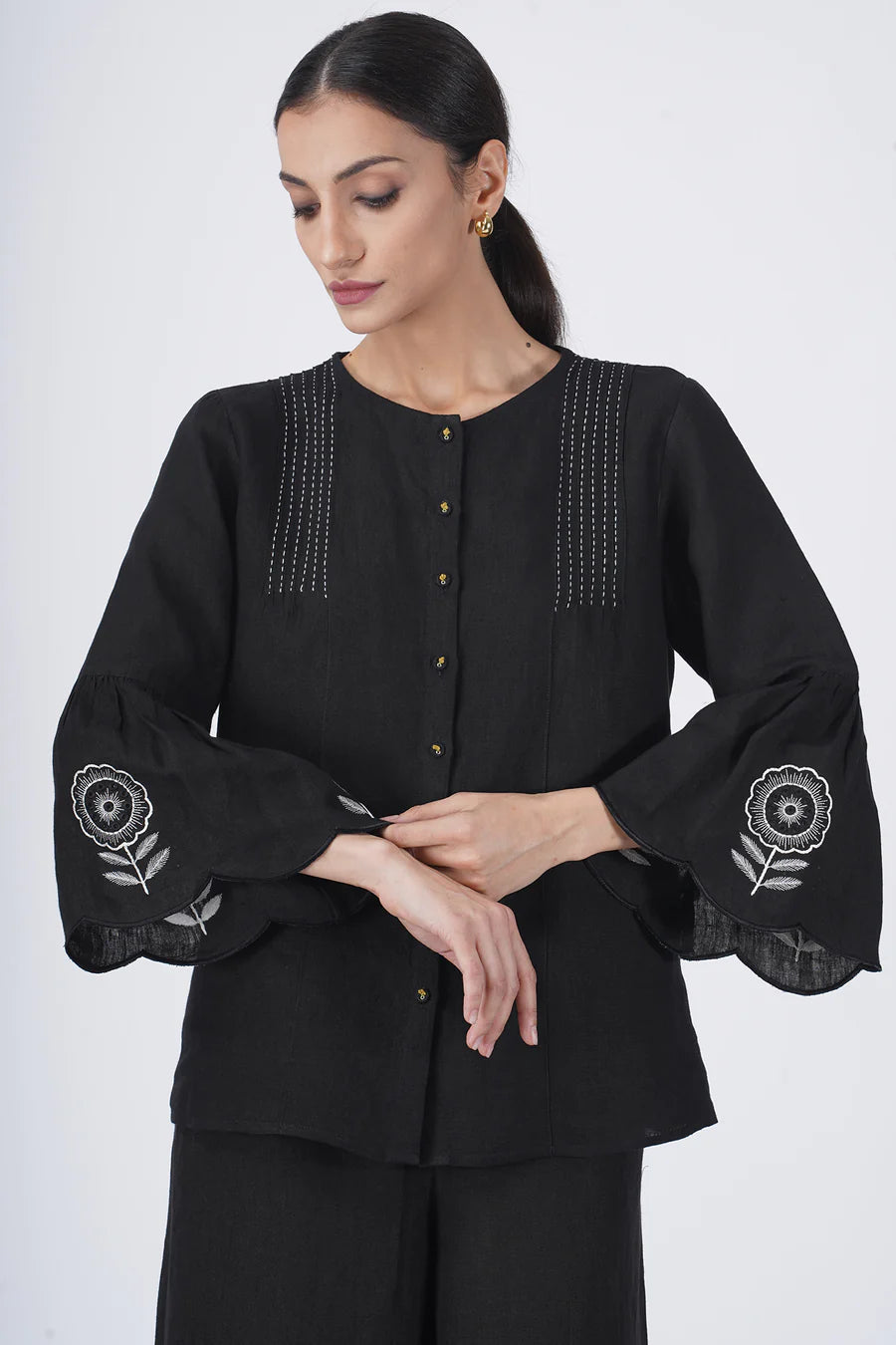 Sunflower Embroidered Pin Tuck Top With High Waist Flare Pant