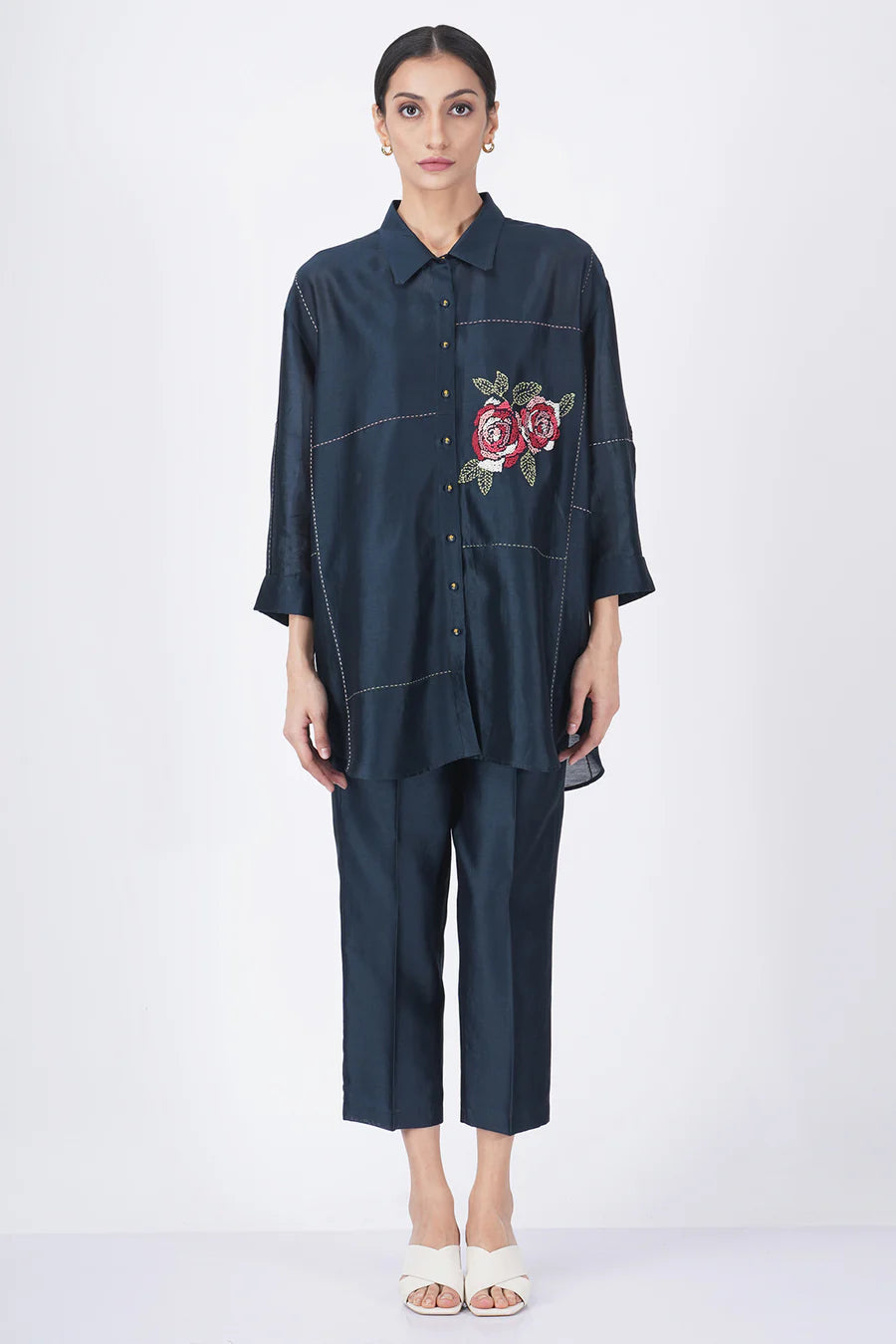 Hand Embroiderd Rose Shirt With Straight Pant