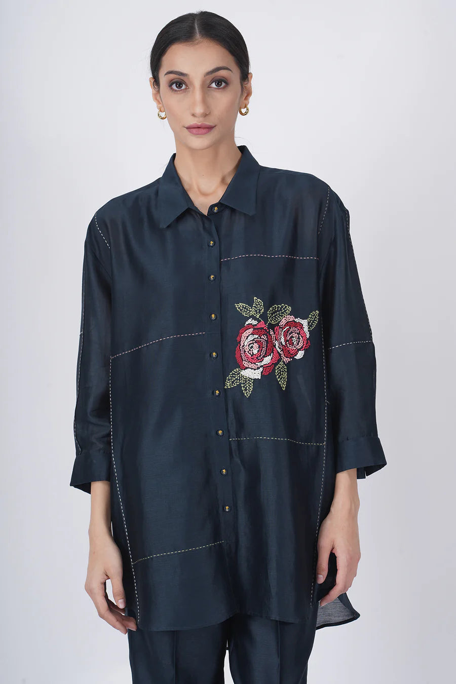 Hand Embroiderd Rose Shirt With Straight Pant