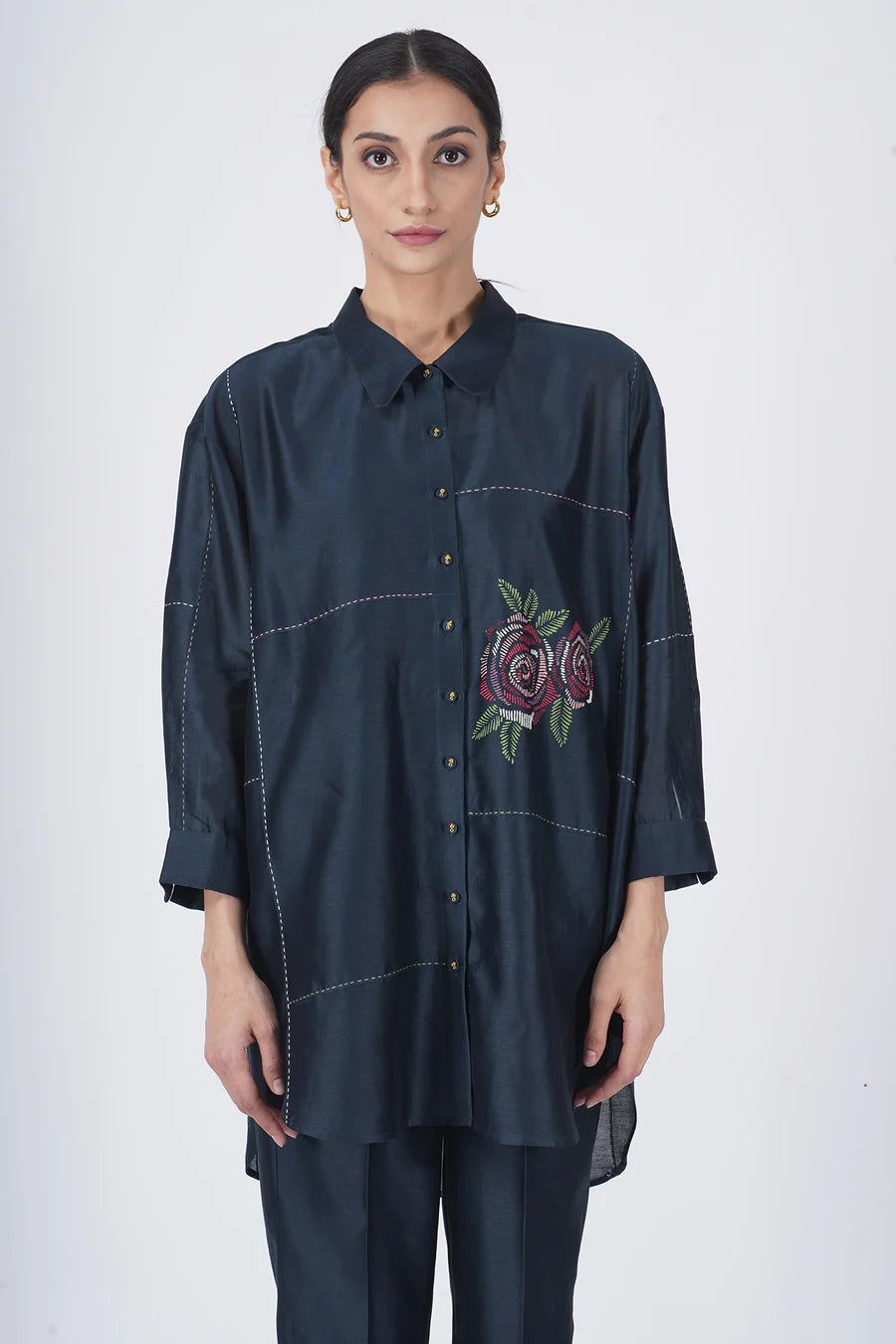 Block Printed Rose Shirt With Straight Pant