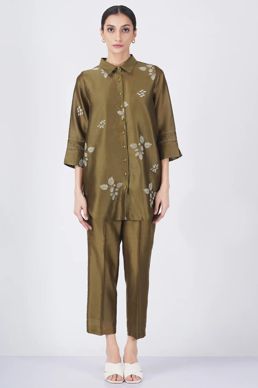 Ivory Leaf Printed Shirt With Fish Embroidery With Straight Pant
