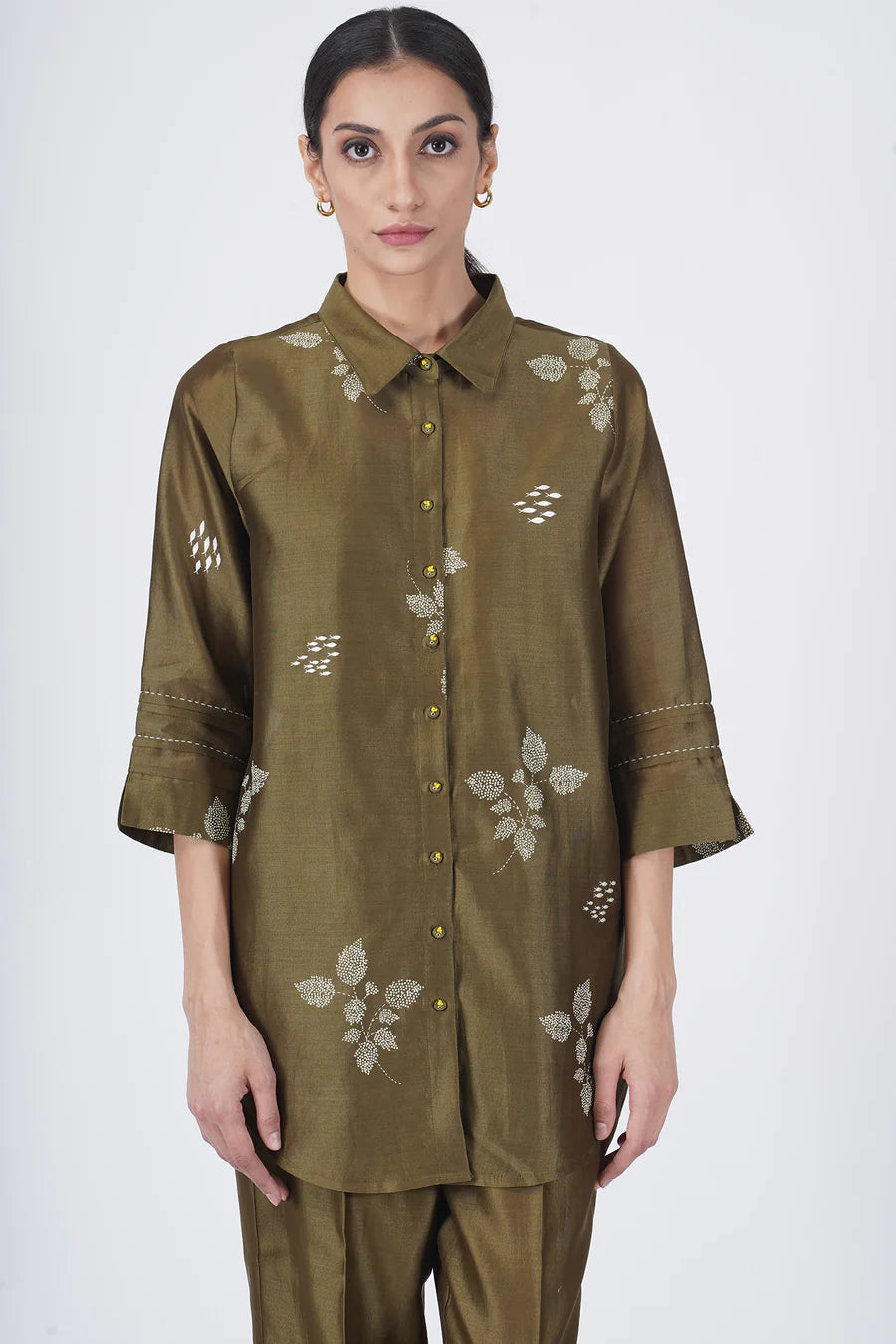 Ivory Leaf Printed Shirt With Fish Embroidery With Straight Pant