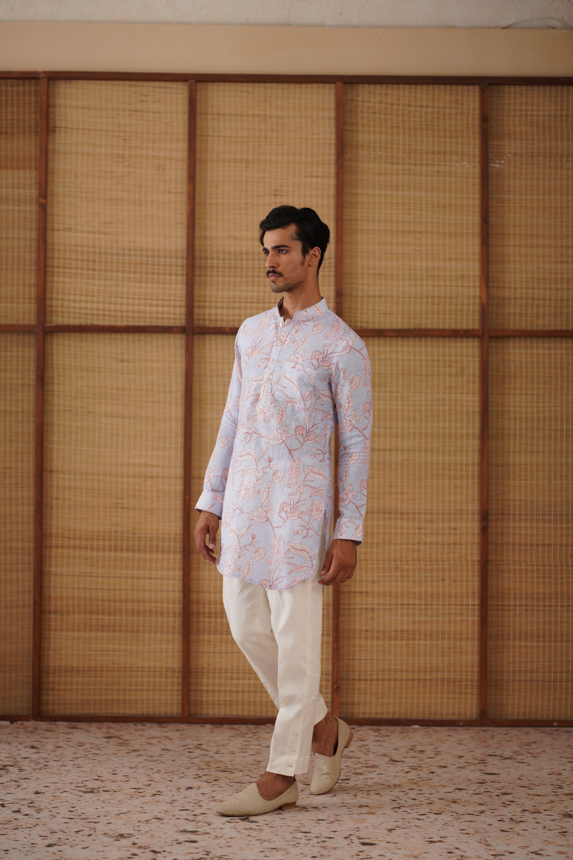 Soft Blue floral linen printed short kurta set