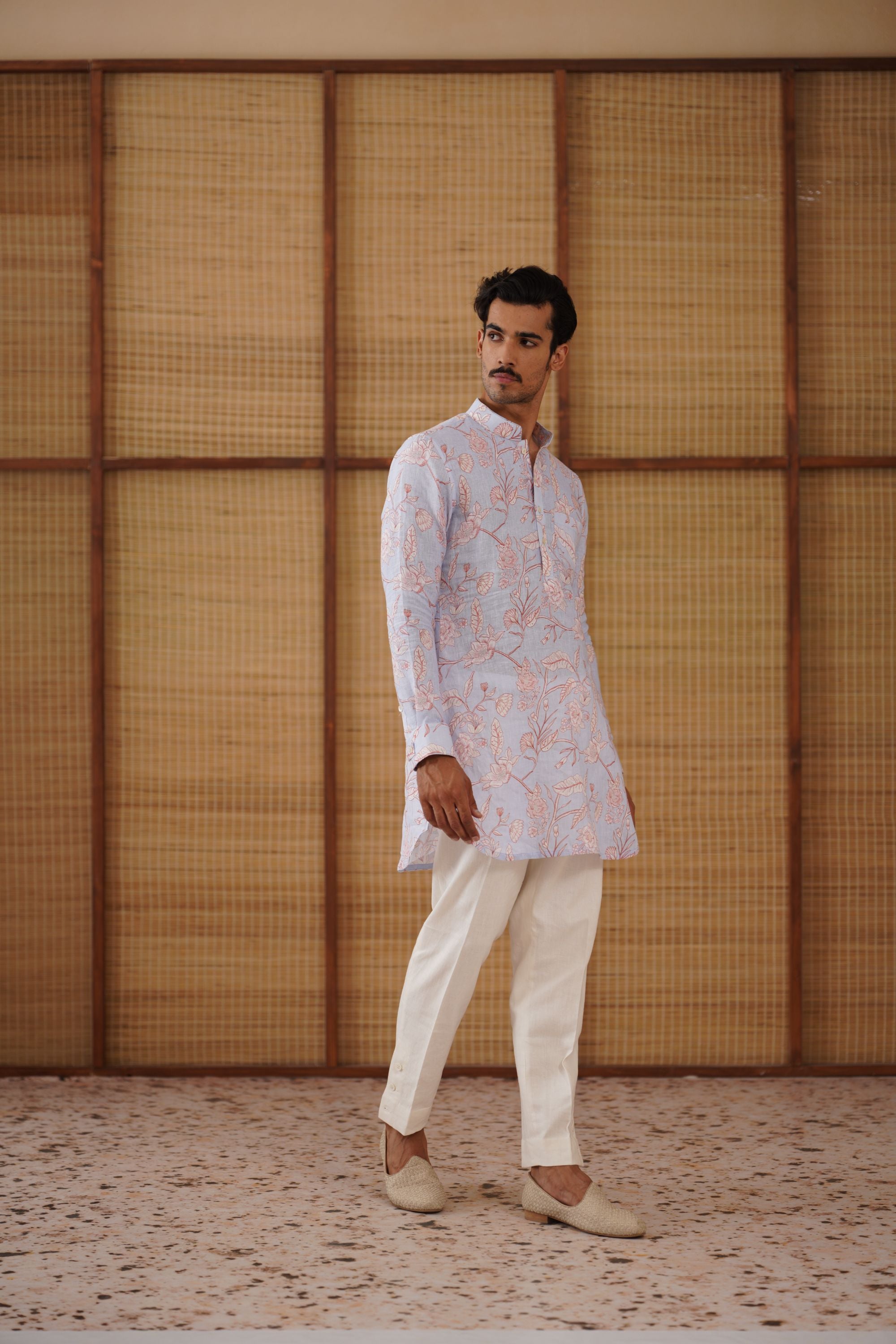 Soft Blue floral linen printed short kurta set