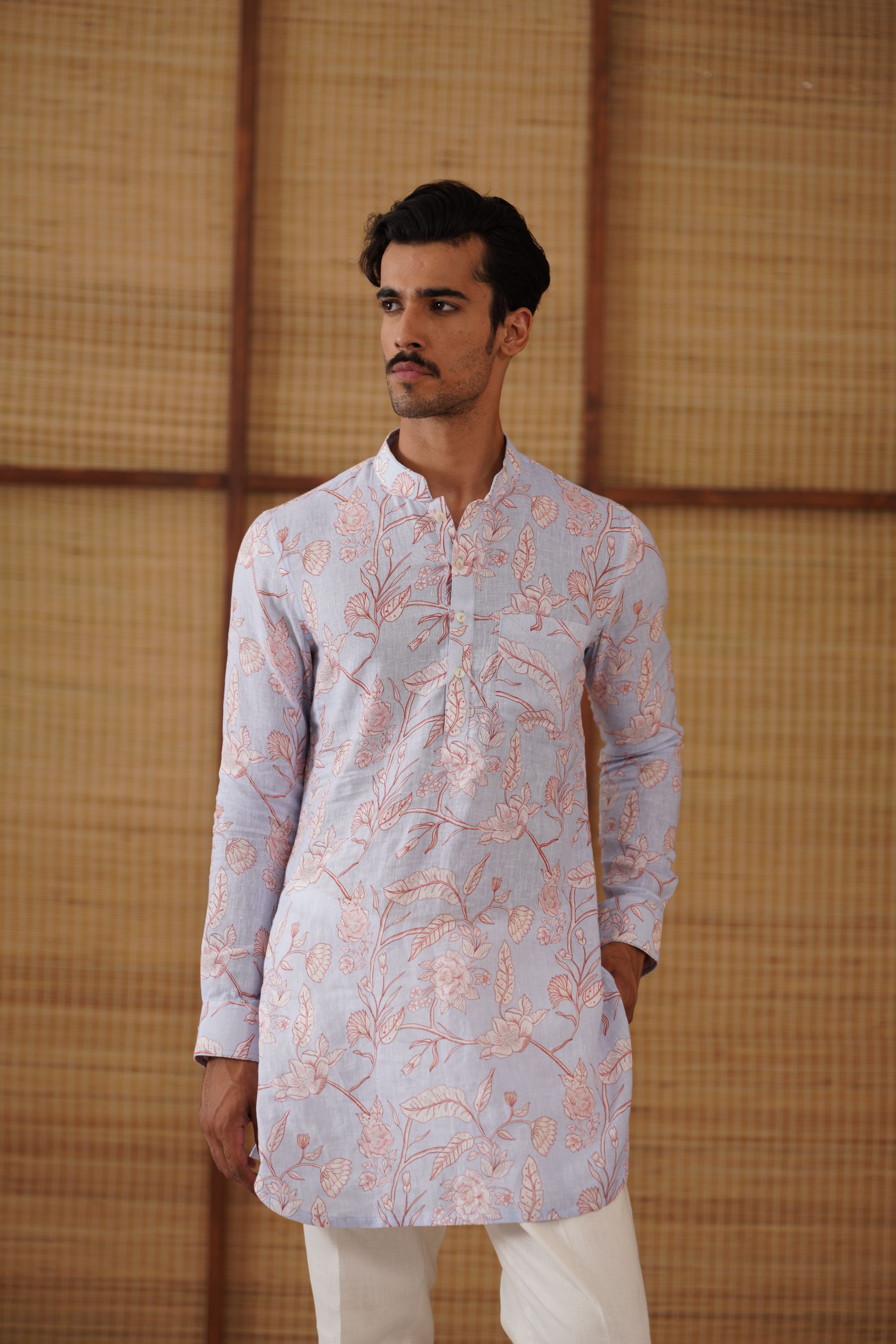 Soft Blue floral linen printed short kurta set