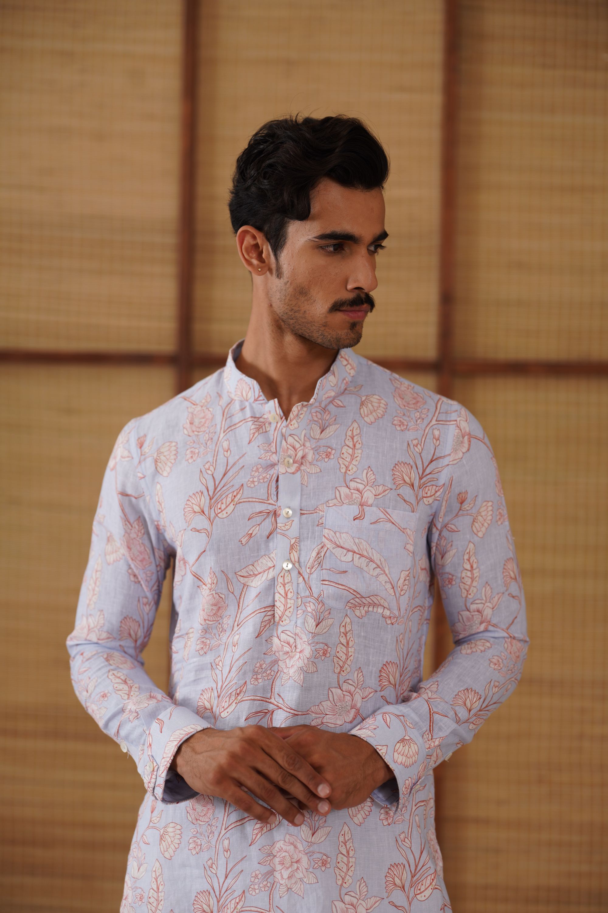 Soft Blue floral linen printed short kurta set