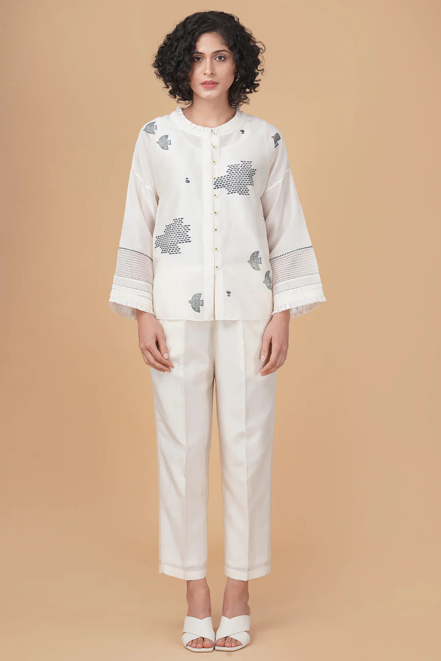 Ivory Top In Indigo Hakoni Print Silk Chanderi And Silk Chanderi Pant