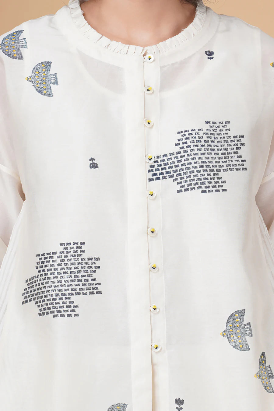 Ivory Top In Indigo Hakoni Print Silk Chanderi And Silk Chanderi Pant