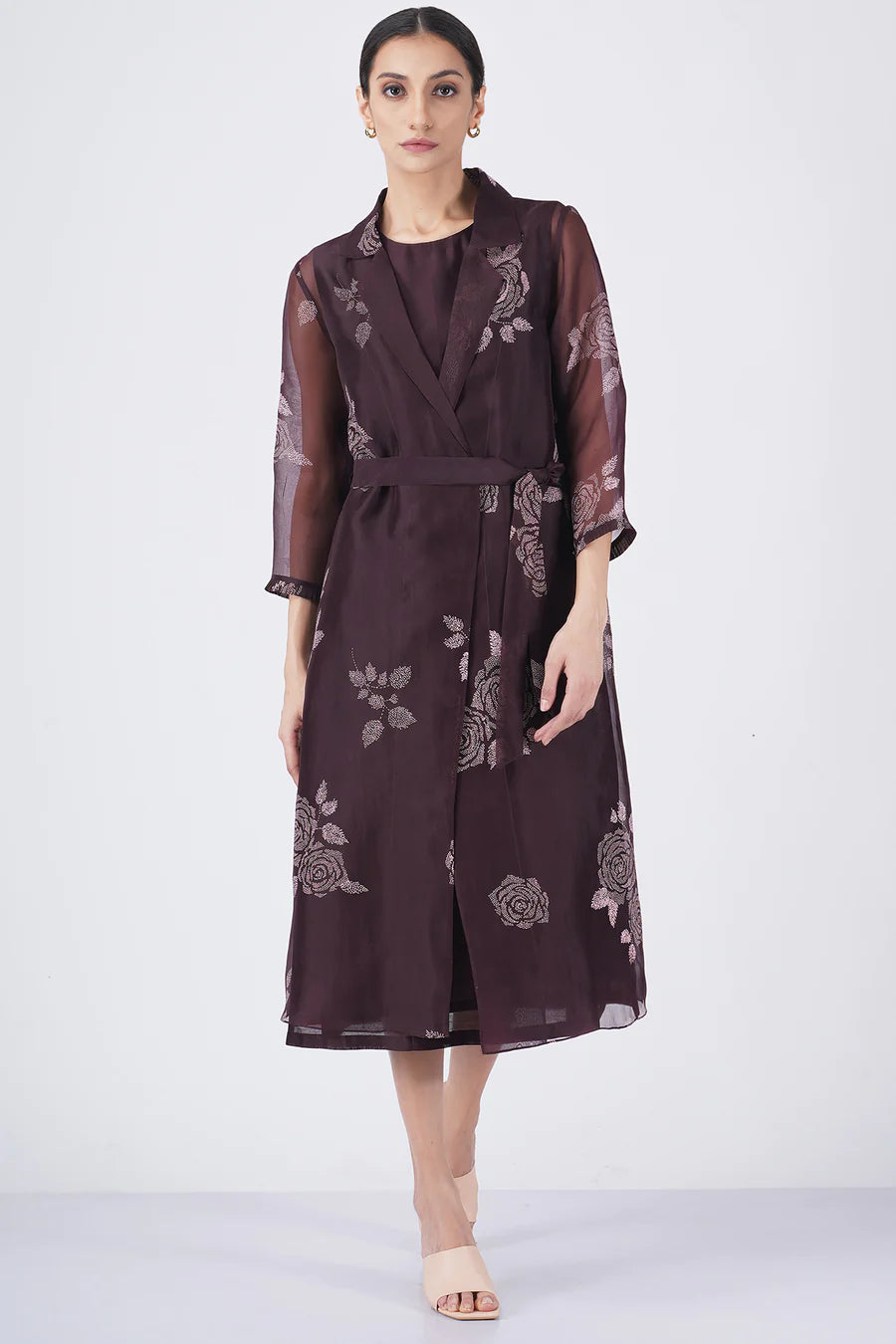 Grape Rose Print Organza Jacket With Solid Dress
