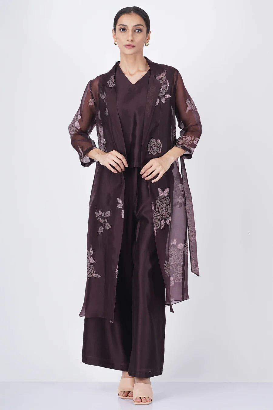 V Neck Top With Flare Pants And Jacket