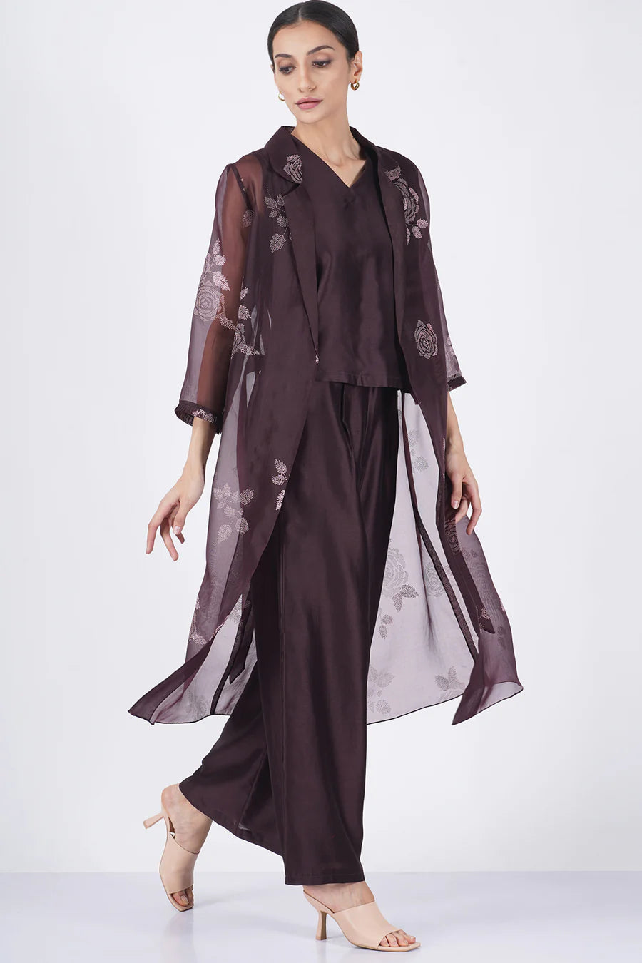 V Neck Top With Flare Pants And Jacket