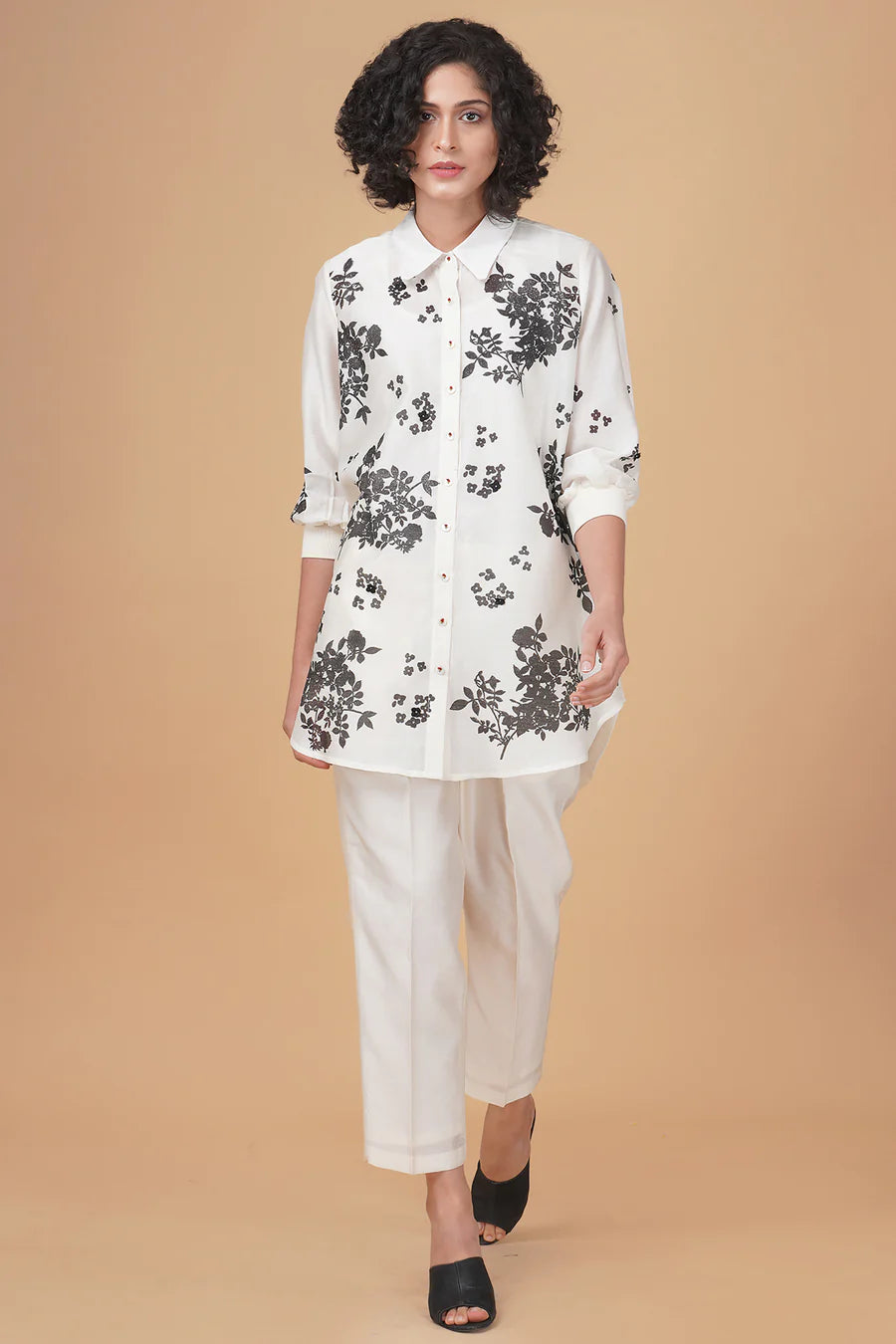 Ivory Black Print Yuri Floral Shirt and Pant Set