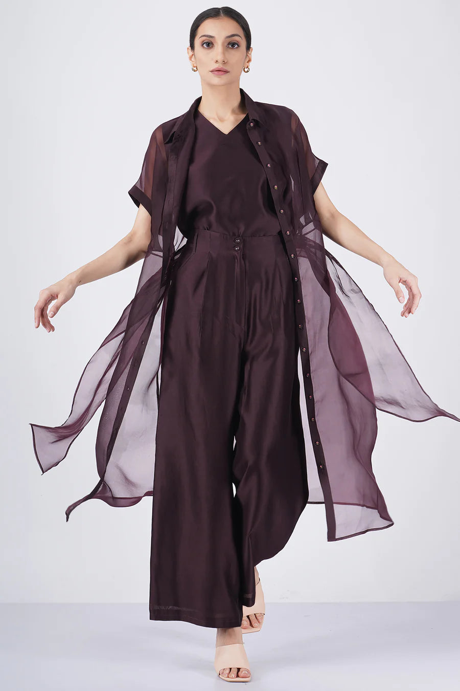 V Neck Top With Flare Pant And Tie-Up Jacket