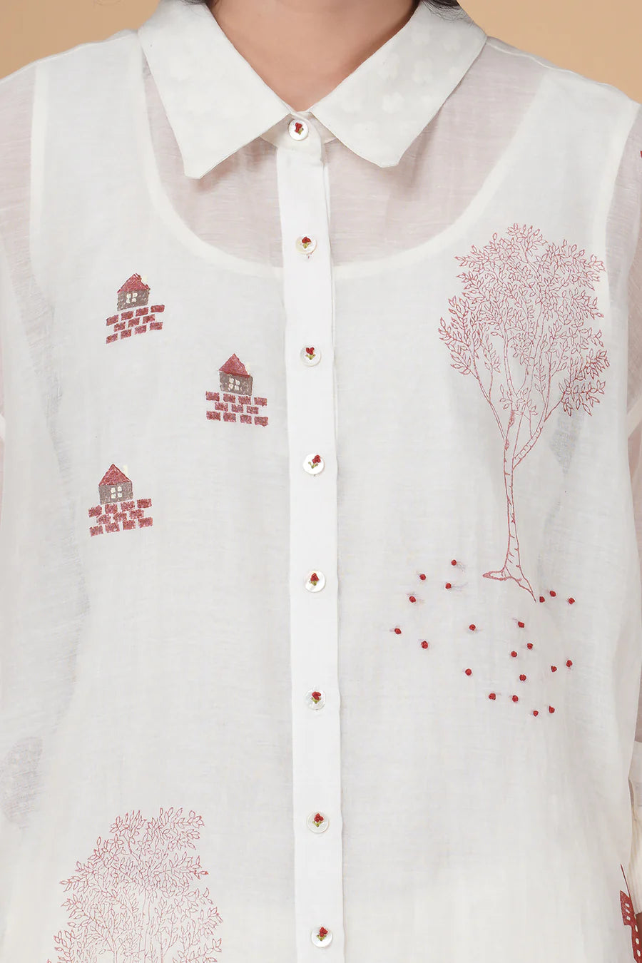 Red Hakoni Print Cotton Chanderi Shirt And Cotton Linen Pant