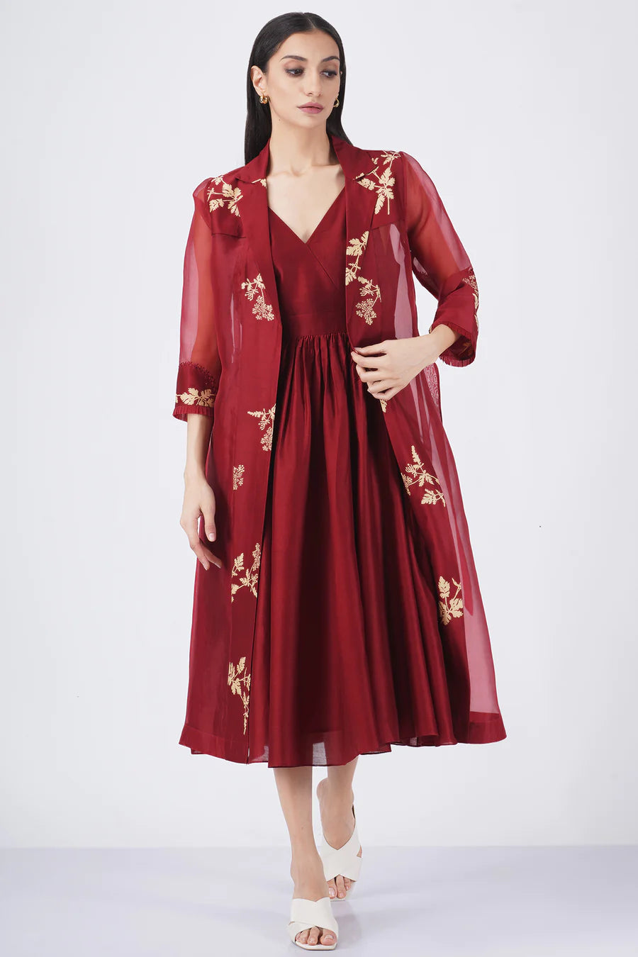 Discharge Printed Organza Jacket With Solid Overlap Dress