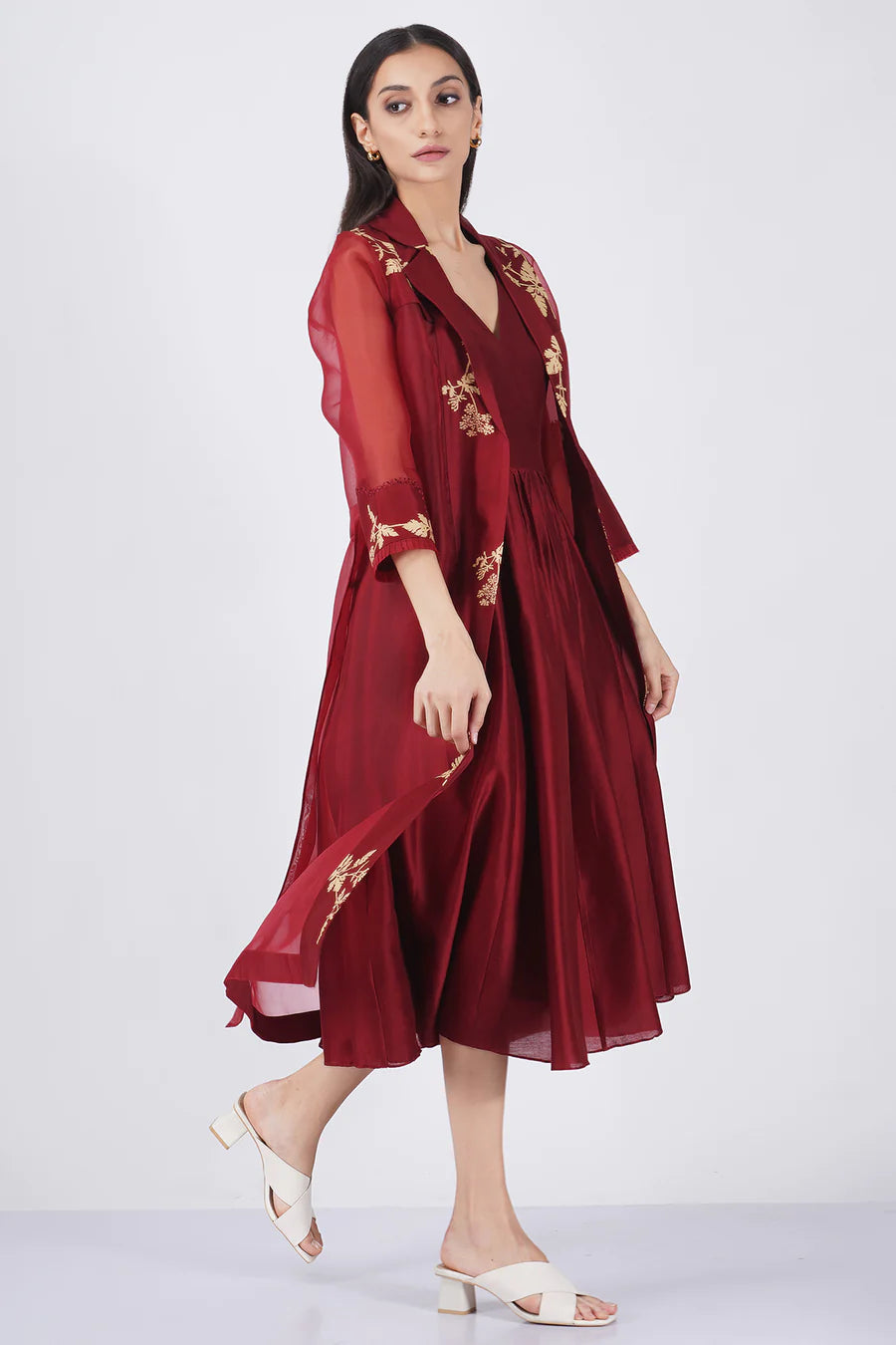 Discharge Printed Organza Jacket With Solid Overlap Dress