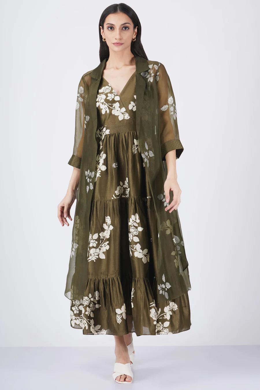 Ivory Petal Print Tier Olive Dress Organza Jacket