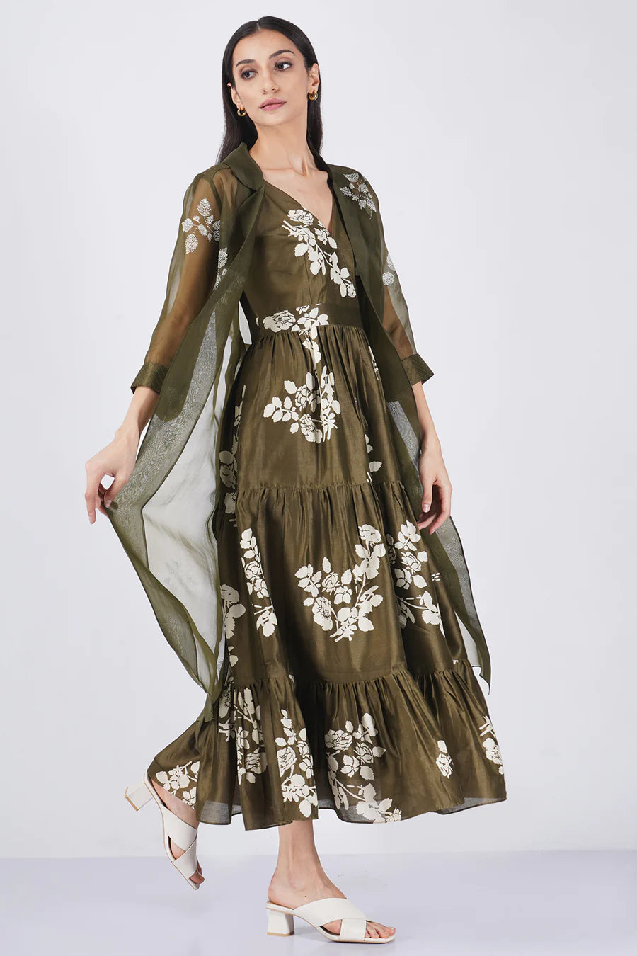 Ivory Petal Print Tier Olive Dress Organza Jacket