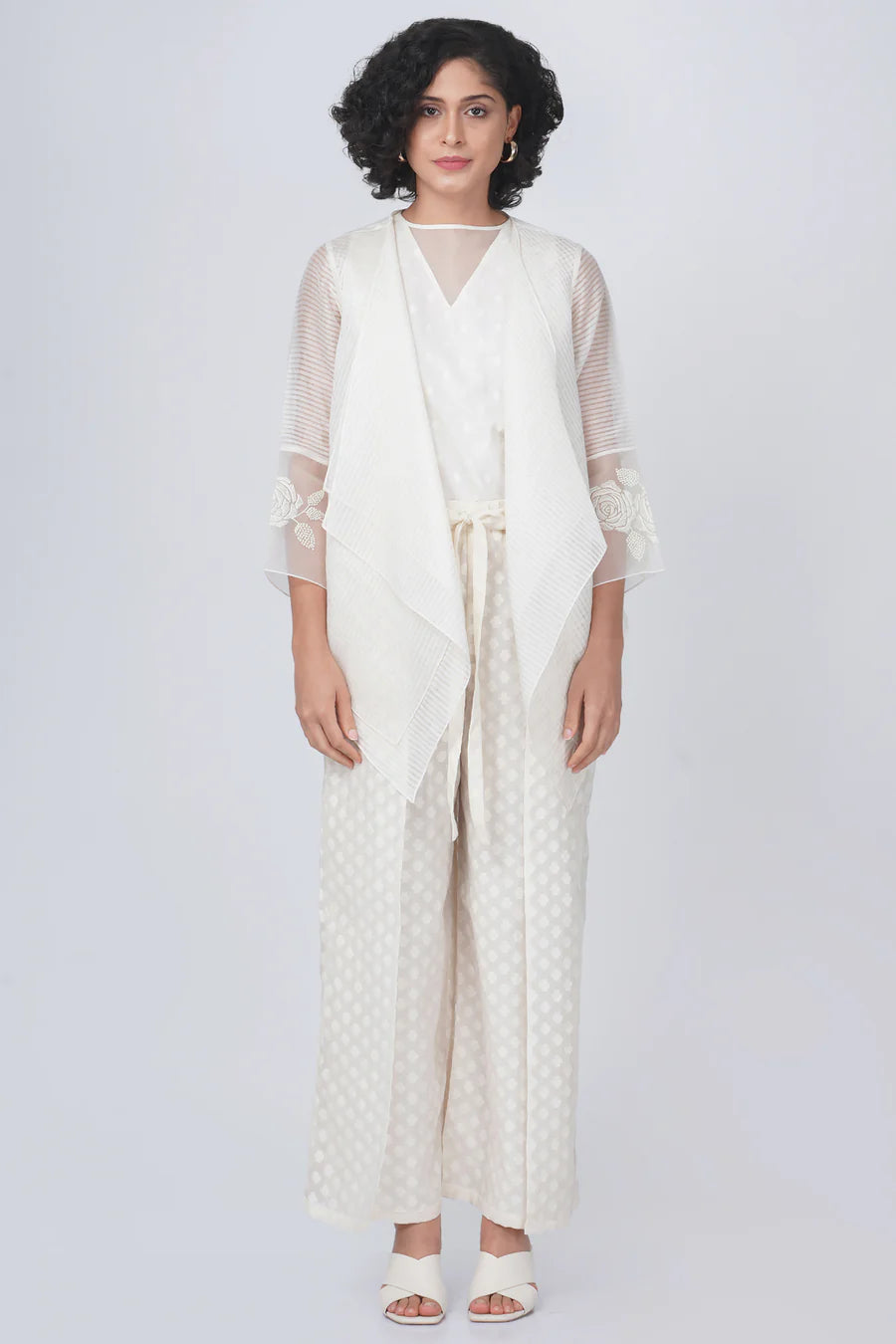 Double Layer Jacket With Bara Embroidery Sleeve Detail In Stripe Organza And Overlap Flayer Pant In Brocade Silk