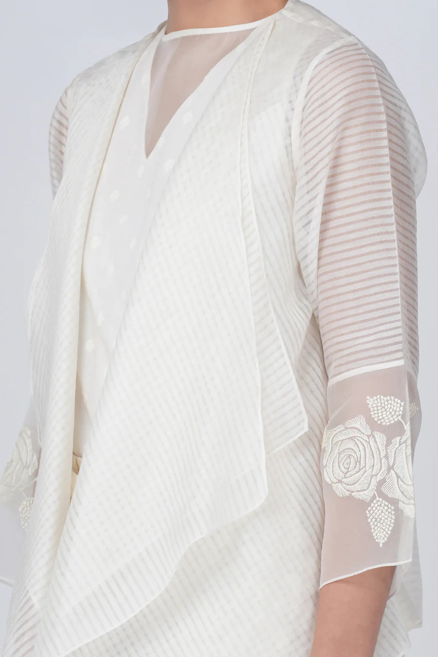 Double Layer Jacket With Bara Embroidery Sleeve Detail In Stripe Organza And Overlap Flayer Pant In Brocade Silk