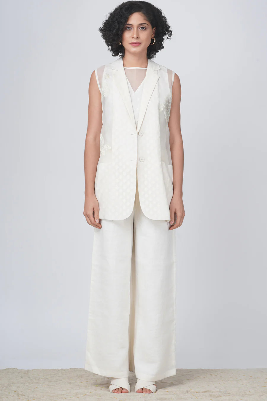 Sleeveless Jacket With Bara Embroidery In Banarsi Chanderi And Flayer Pant In Linen