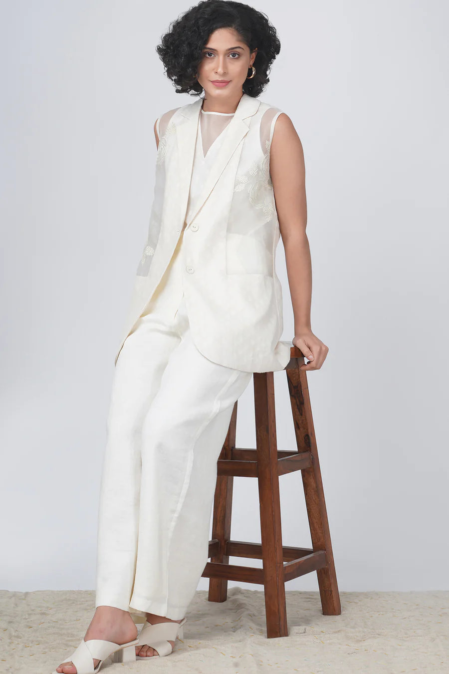 Sleeveless Jacket With Bara Embroidery In Banarsi Chanderi And Flayer Pant In Linen