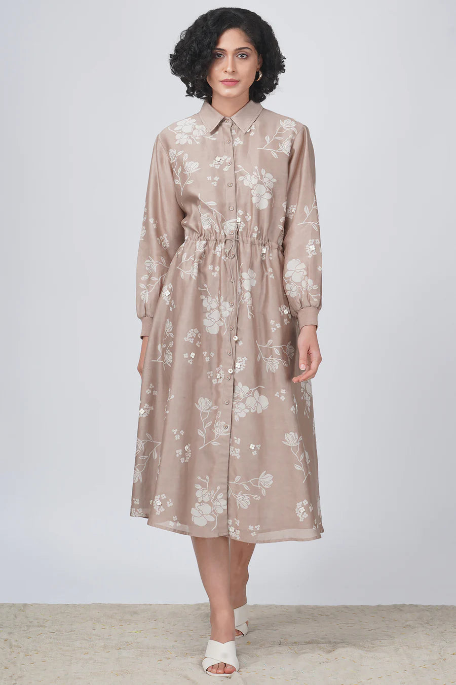 Beige Silk Chanderi Tie Up Dress