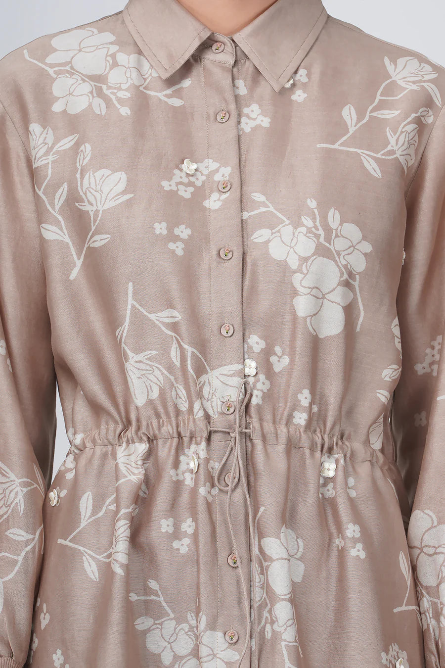 Beige Silk Chanderi Tie Up Dress