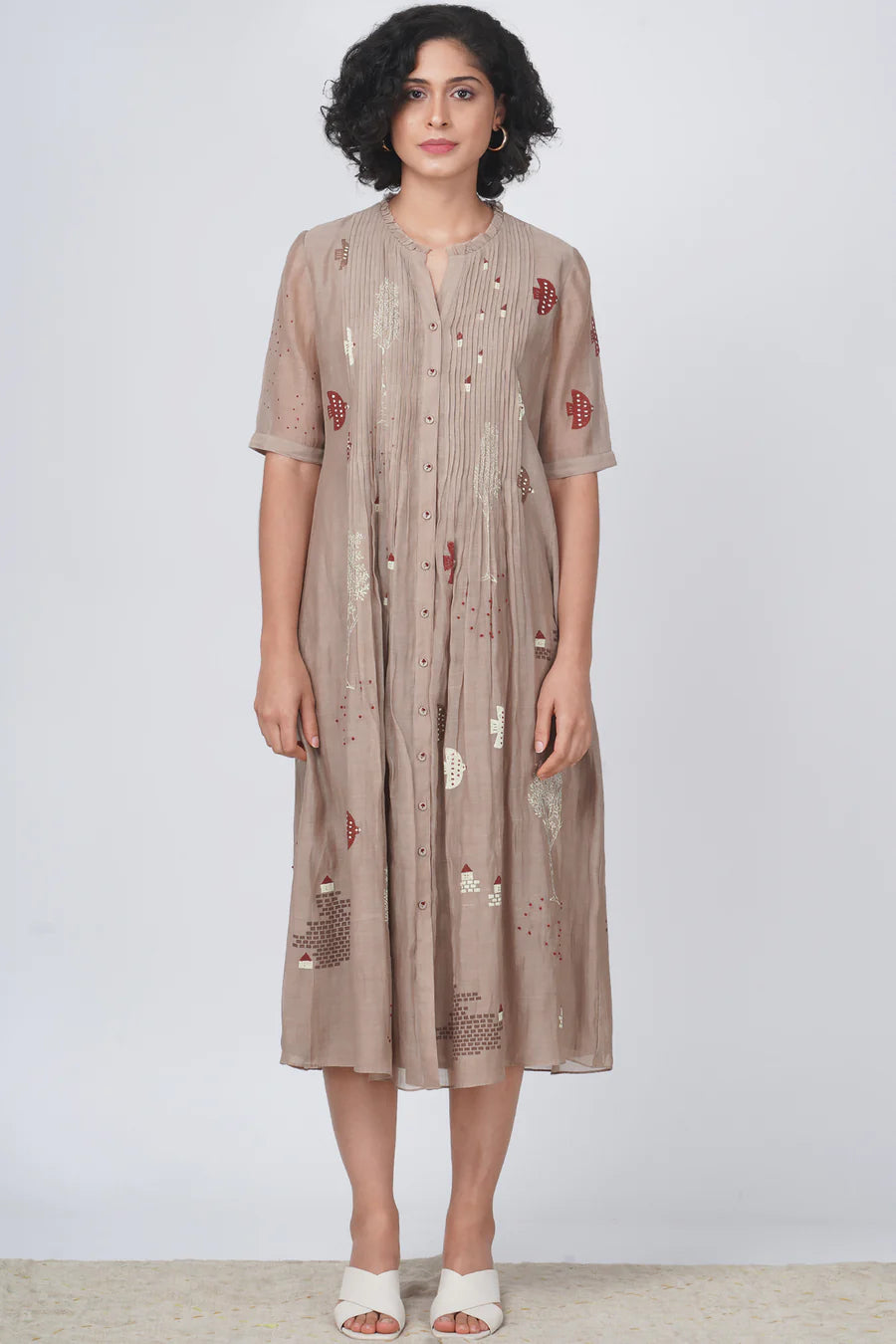 Hakoni Print Pleated Dress In Cotton Chanderi