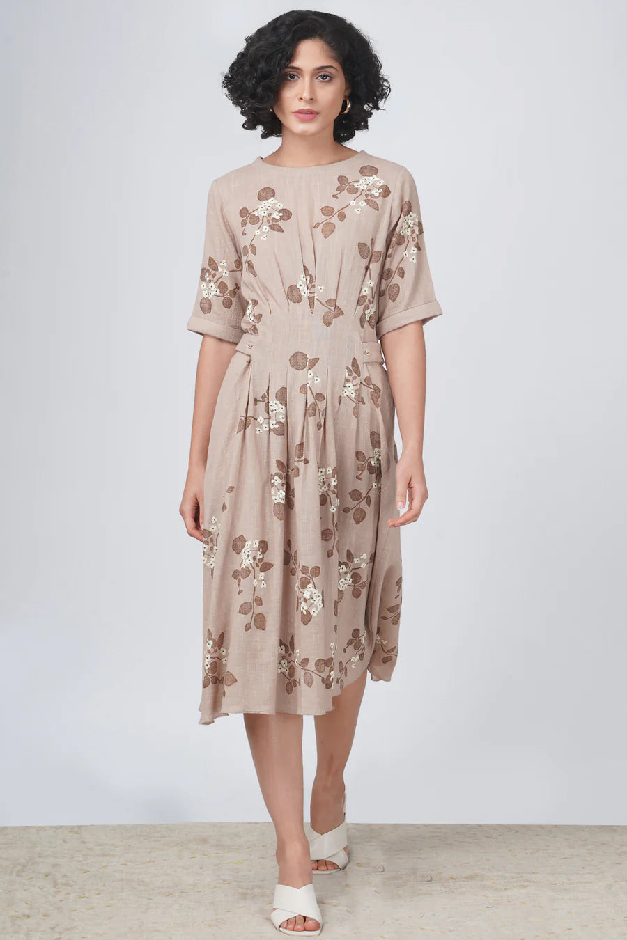 Sakura Print Bon Pleated Dress In Cotton Linen