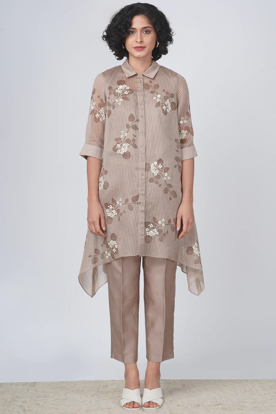 Sakura Print Stripe Organza Shirt With Embroidery And Straight Pant In Silk Chanderi