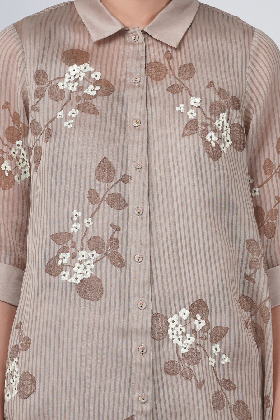 Sakura Print Stripe Organza Shirt With Embroidery And Straight Pant In Silk Chanderi