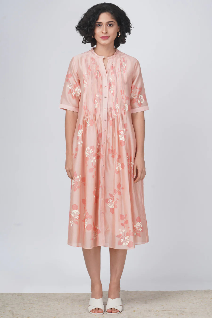 Sakura Print Pleated Dress In Silk Chanderi