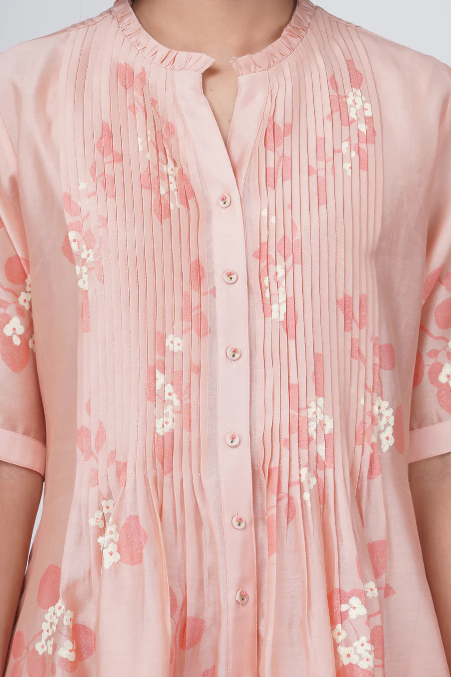 Sakura Print Pleated Dress In Silk Chanderi