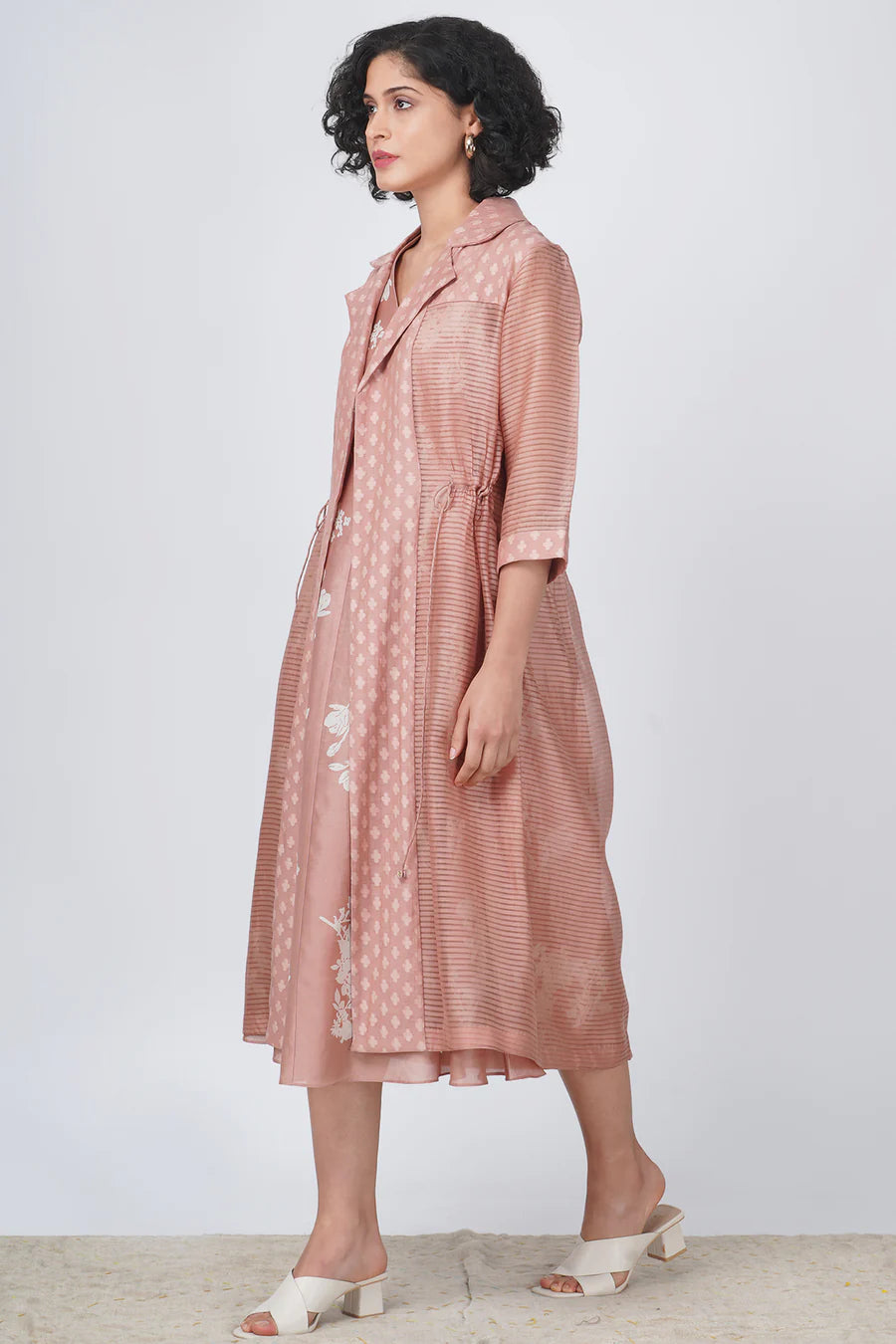 Almond Pink Solid Jacket In Stripe Organza And Yuri Print Dress