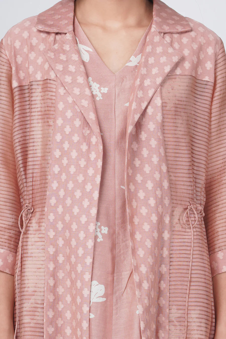 Almond Pink Solid Jacket In Stripe Organza And Yuri Print Dress