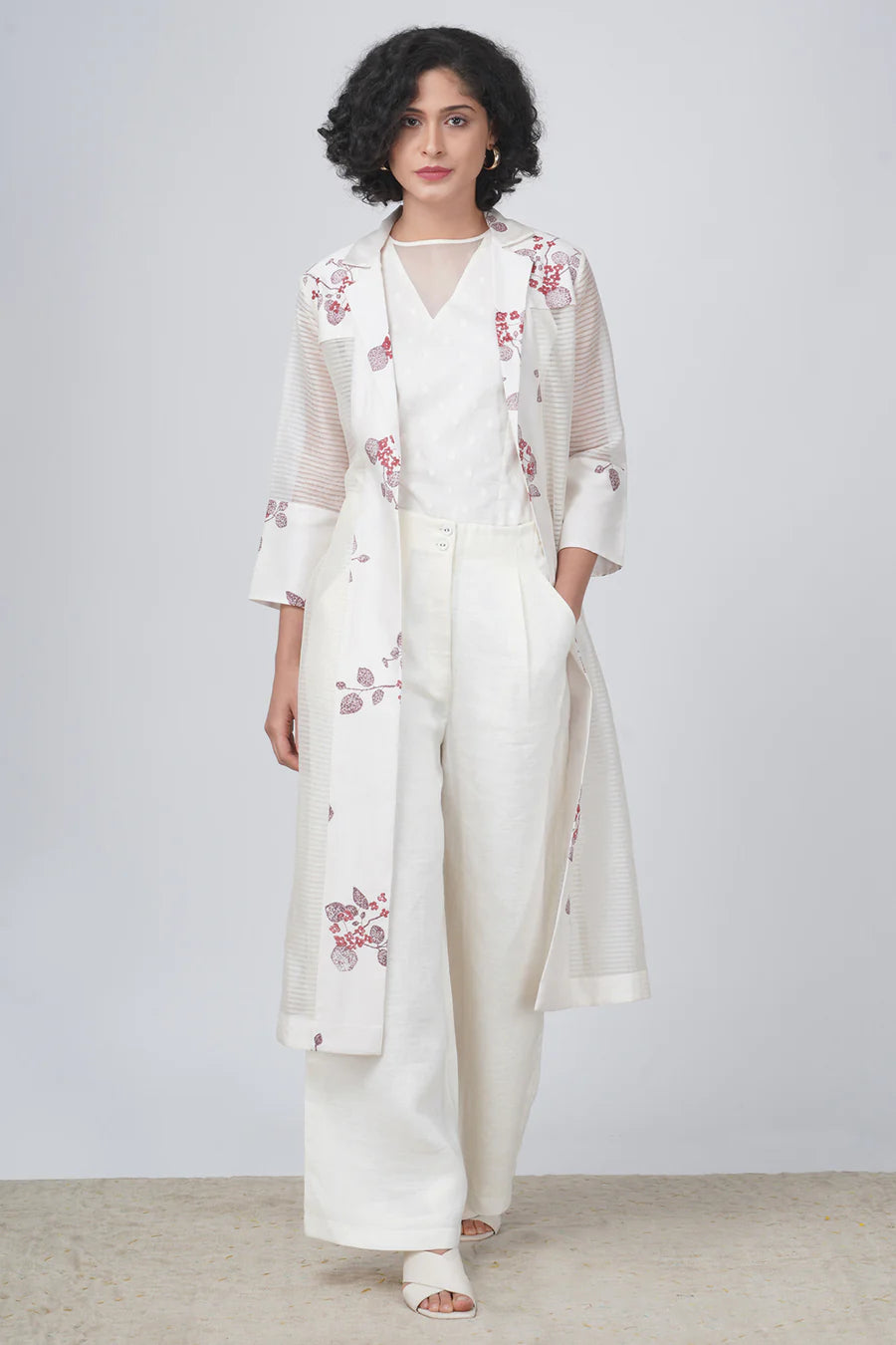 Sakura Print Stripe Organza Jacket And Flayer Pant In Linen