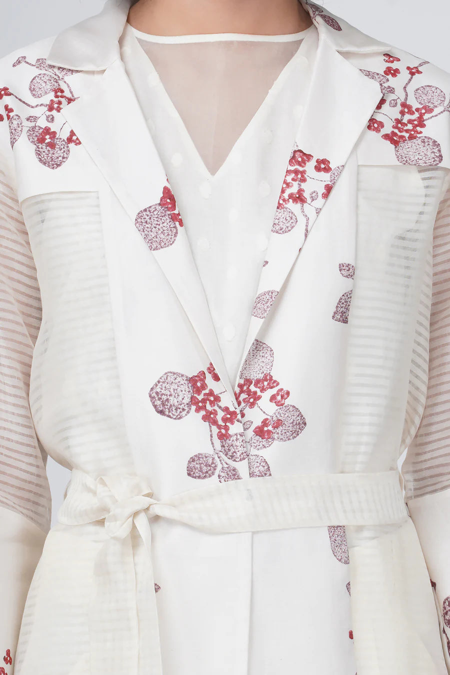 Sakura Print Stripe Organza Jacket And Flayer Pant In Linen