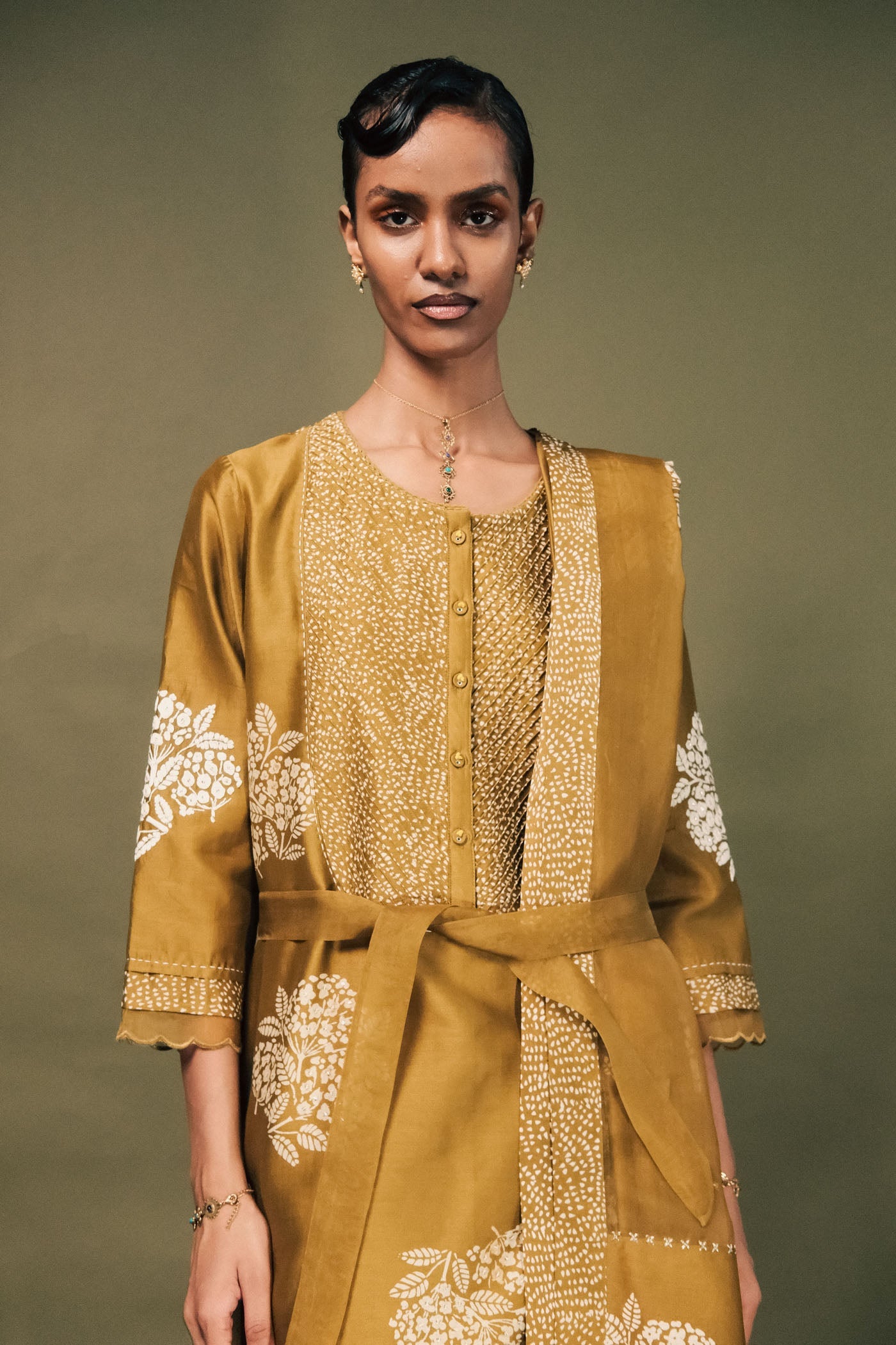 Elegant Moss Green Silk Chanderi Tunic Set with Exquisite Sleeve Embroidery