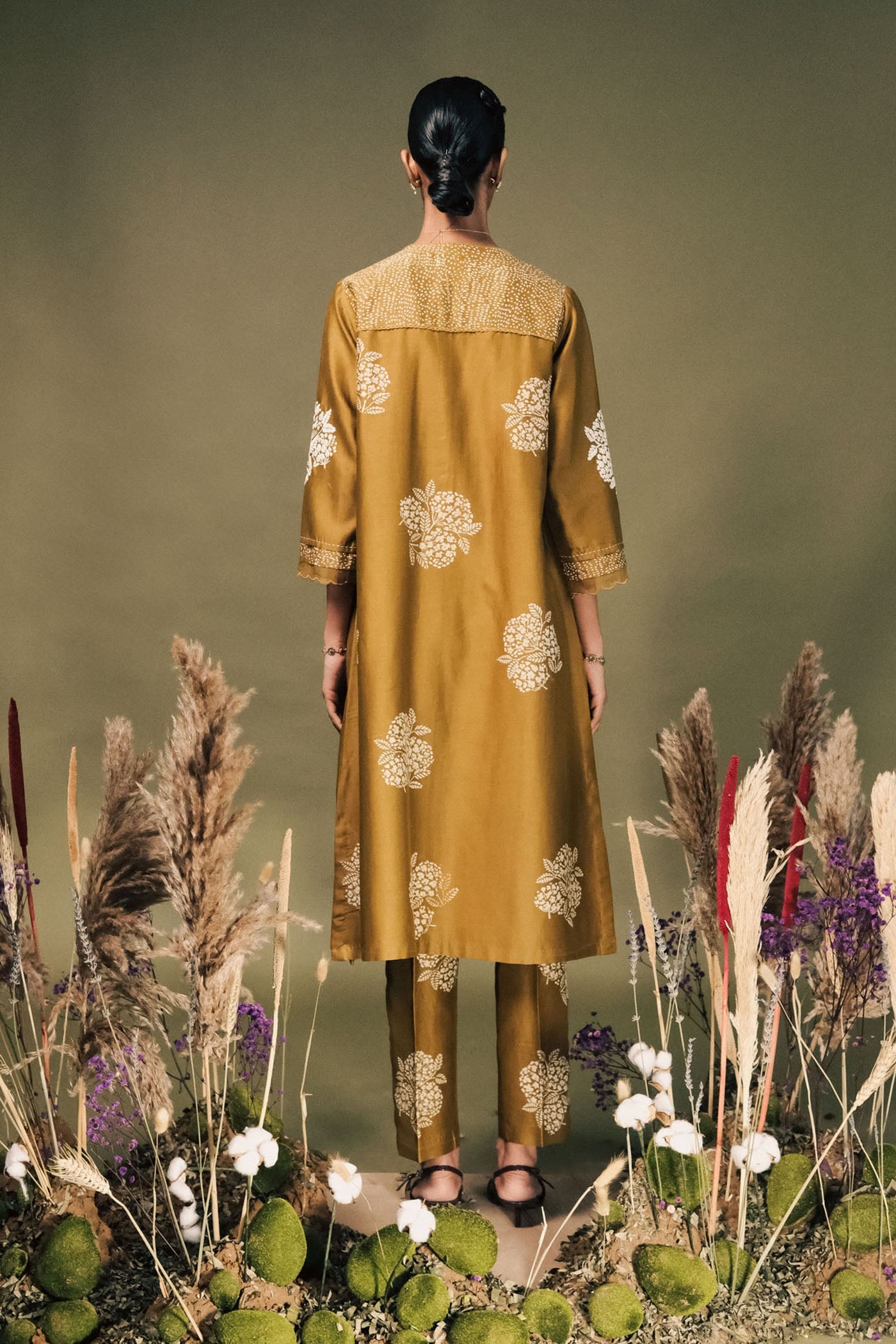 Elegant Moss Green Silk Chanderi Tunic Set with Exquisite Sleeve Embroidery