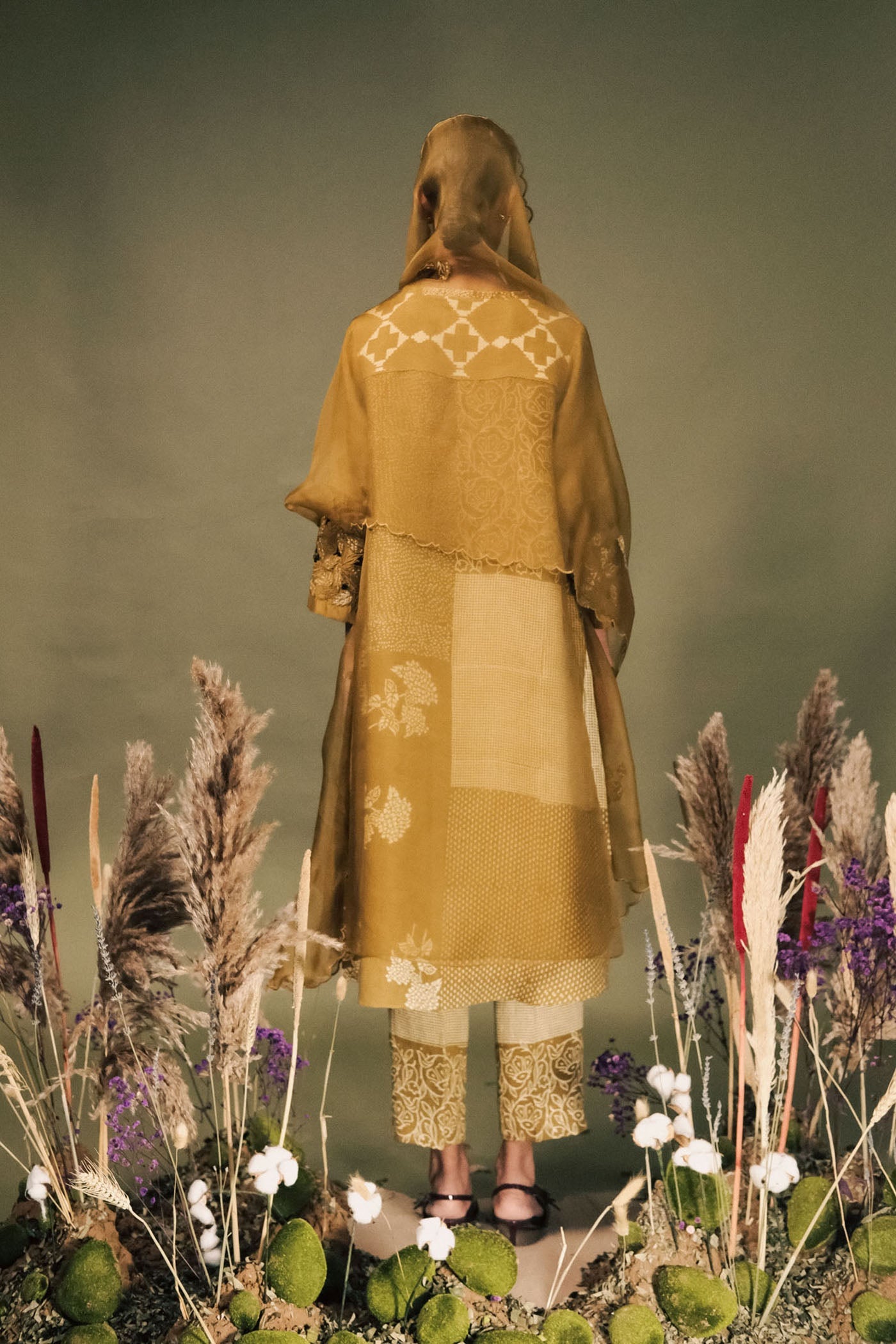 Luxurious Moss Green Linen Tunic Set: Double Layer, Embroidered Sleeves, Unique Discharge Print