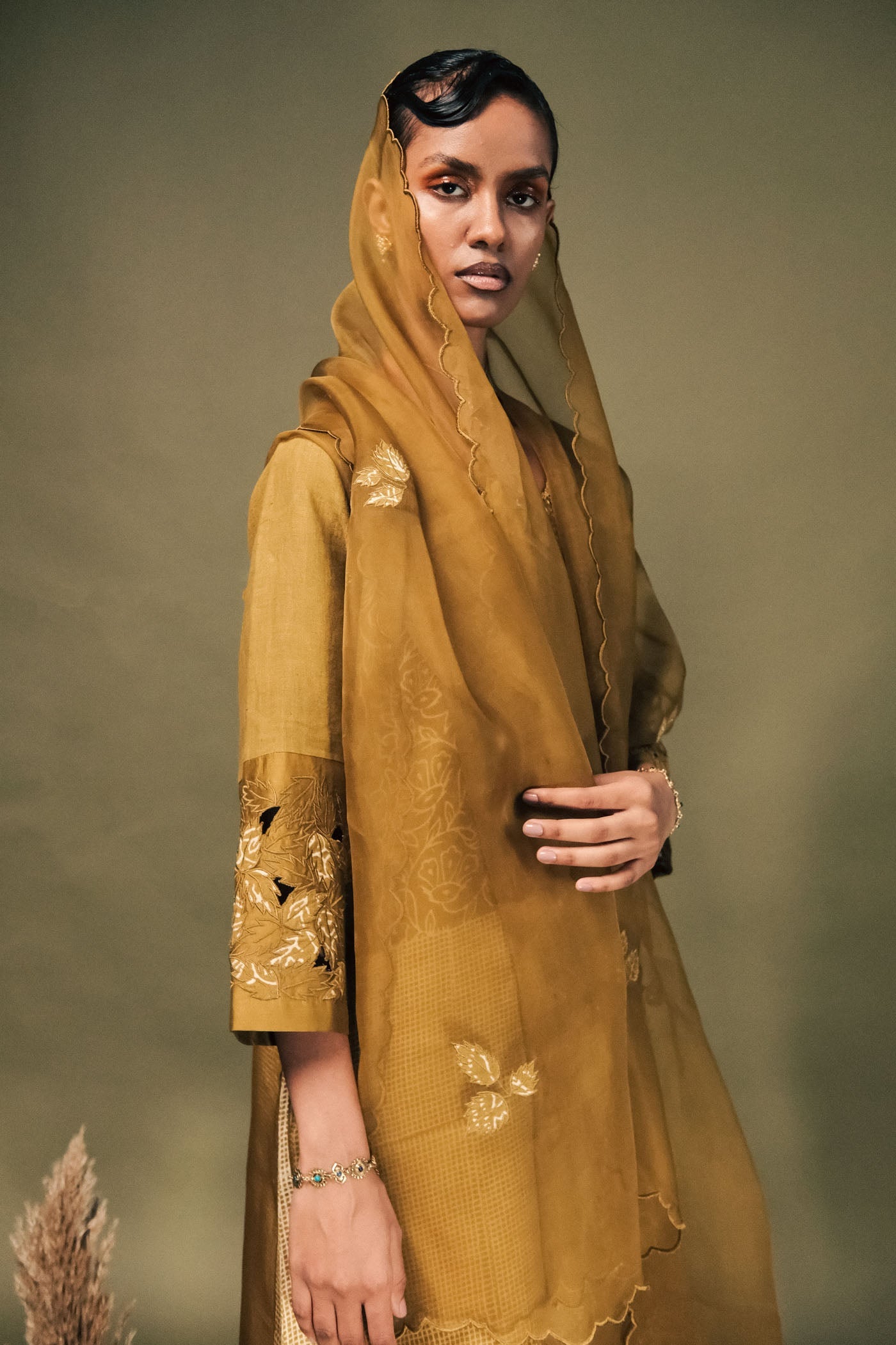 Luxurious Moss Green Linen Tunic Set: Double Layer, Embroidered Sleeves, Unique Discharge Print