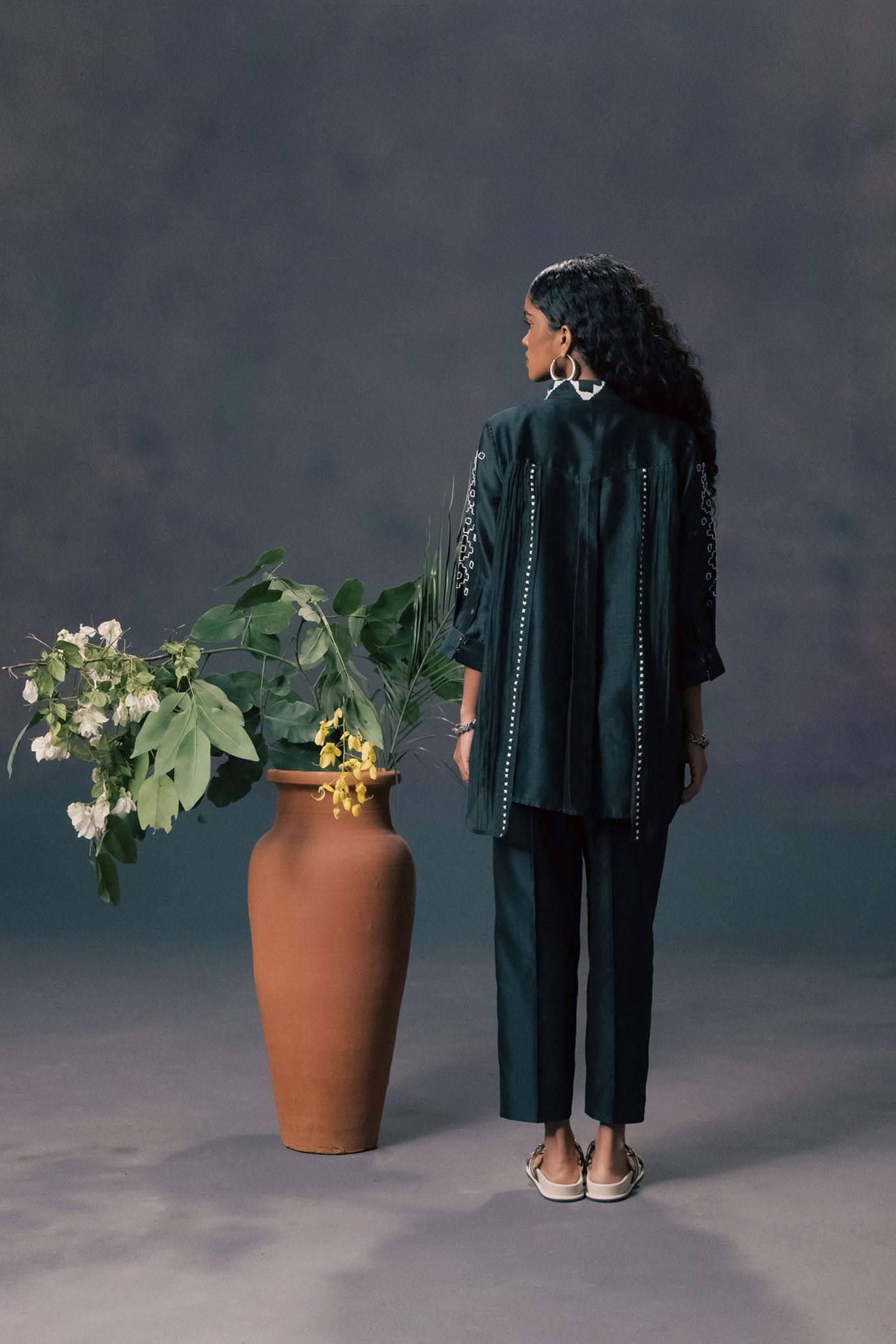 Luxurious Indigo Double Layer Shirt & Pants Set: Embroidered Mul Silk Chanderi Ensemble