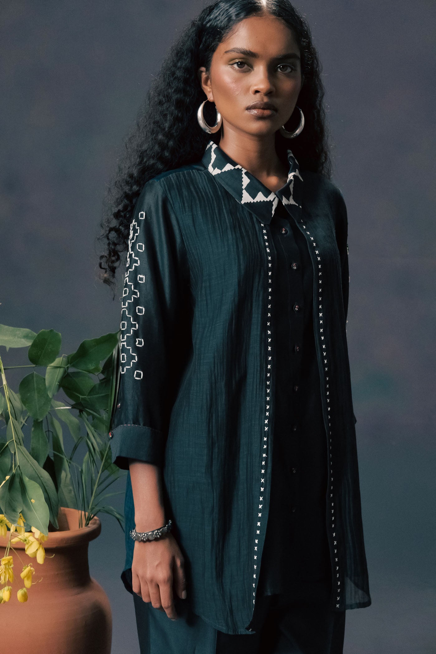 Luxurious Indigo Double Layer Shirt & Pants Set: Embroidered Mul Silk Chanderi Ensemble