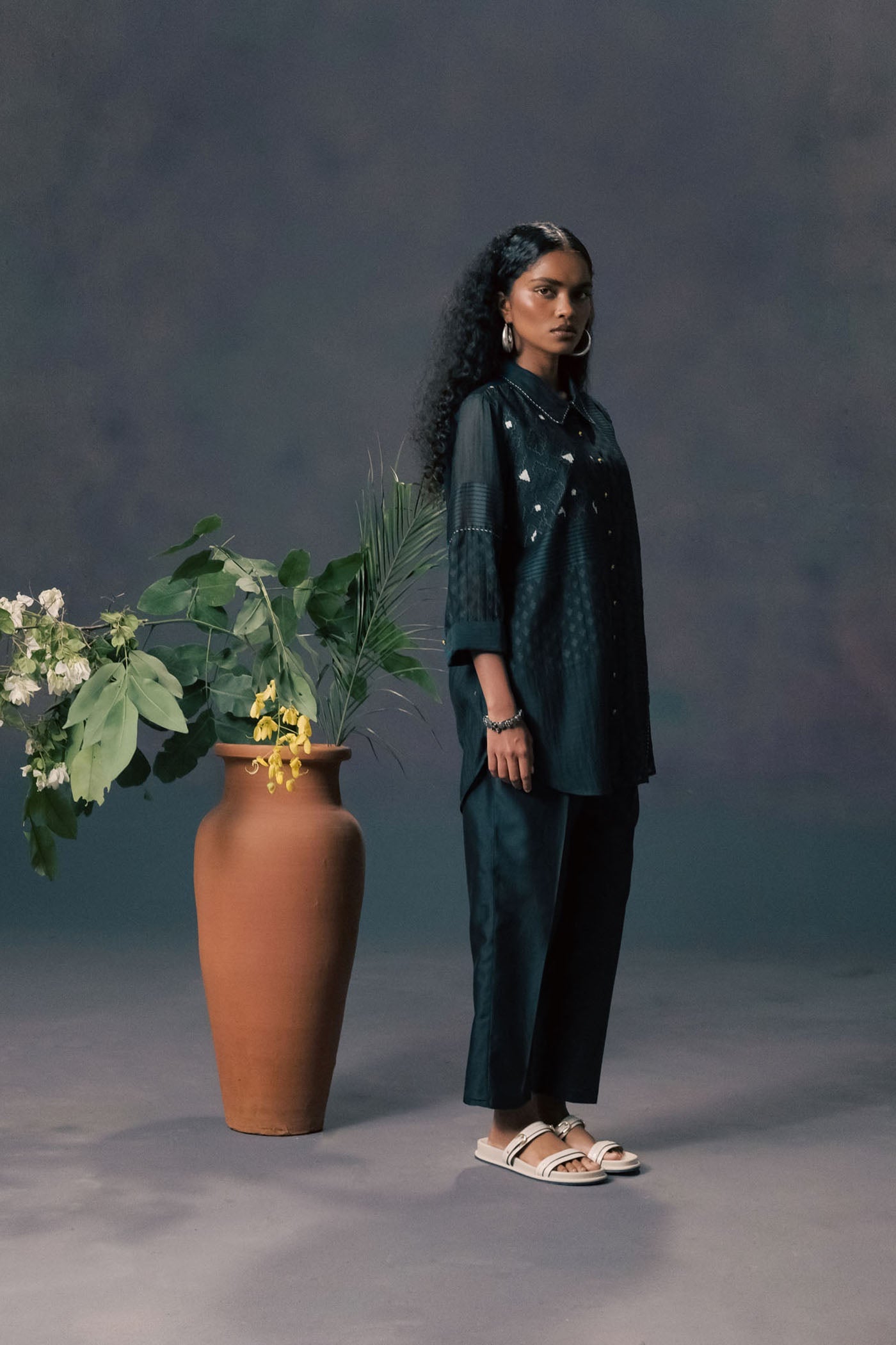 Luxurious Indigo Silk Chanderi Embroidered Lace Shirt & Straight Pants Set