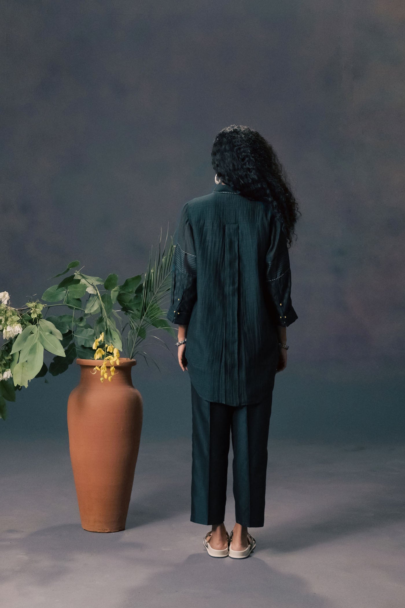 Luxurious Indigo Silk Chanderi Embroidered Lace Shirt & Straight Pants Set