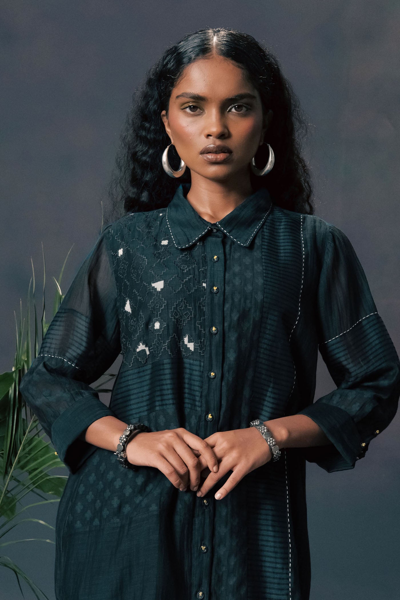 Luxurious Indigo Silk Chanderi Embroidered Lace Shirt & Straight Pants Set