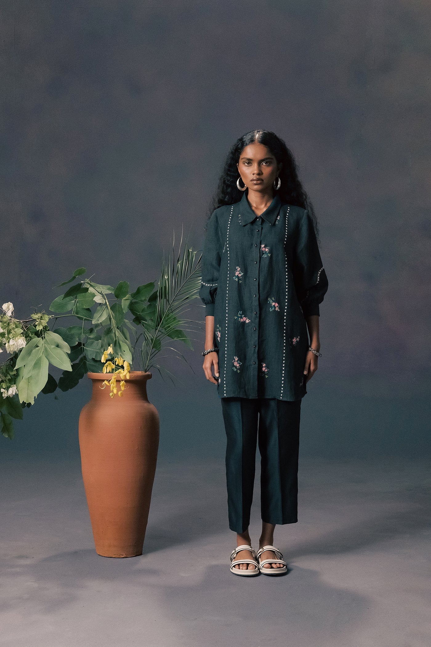 Elegant Indigo Rose Print Linen Shirt with Chanderi Silk Straight Pants Set
