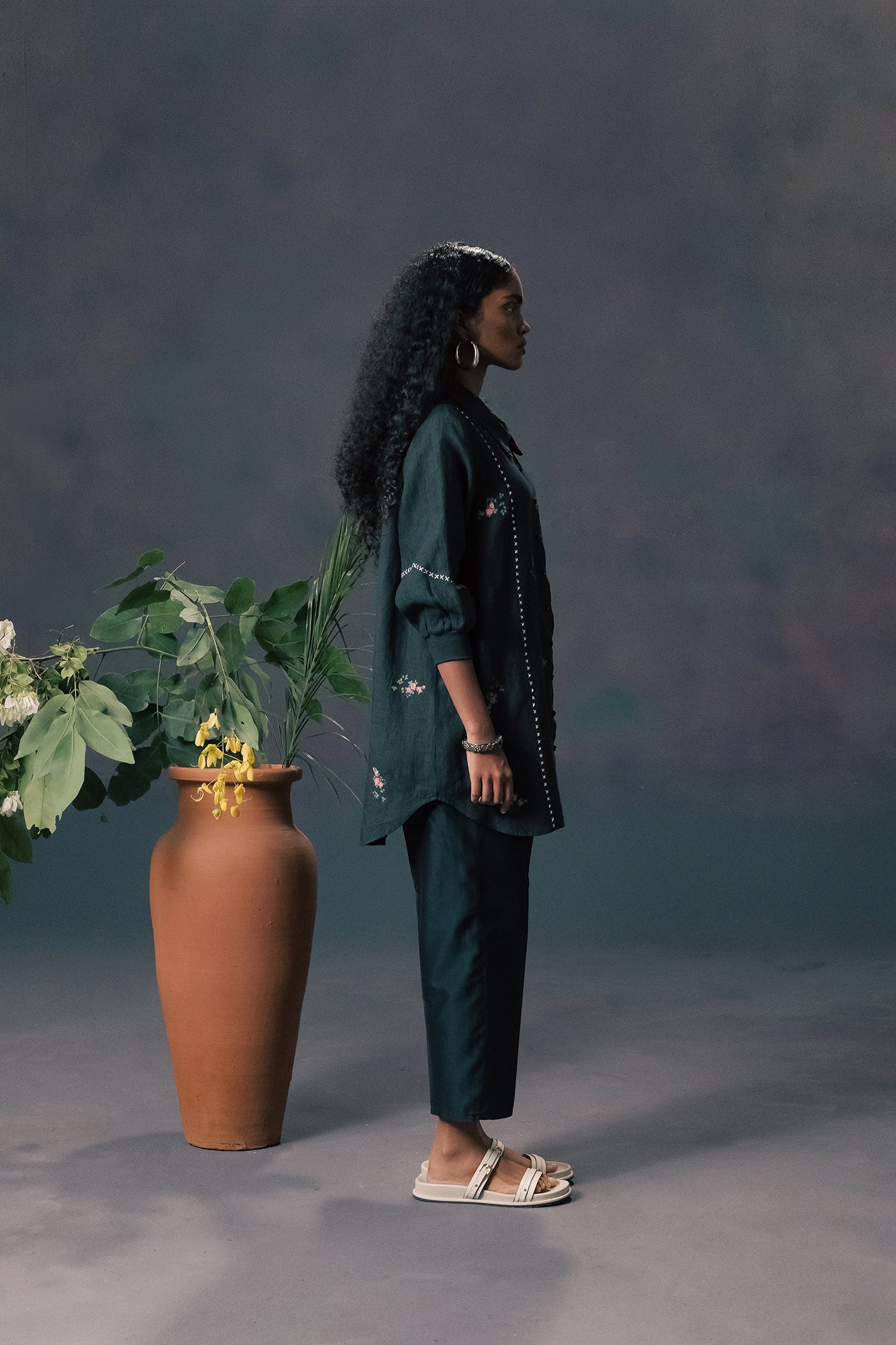 Elegant Indigo Rose Print Linen Shirt with Chanderi Silk Straight Pants Set